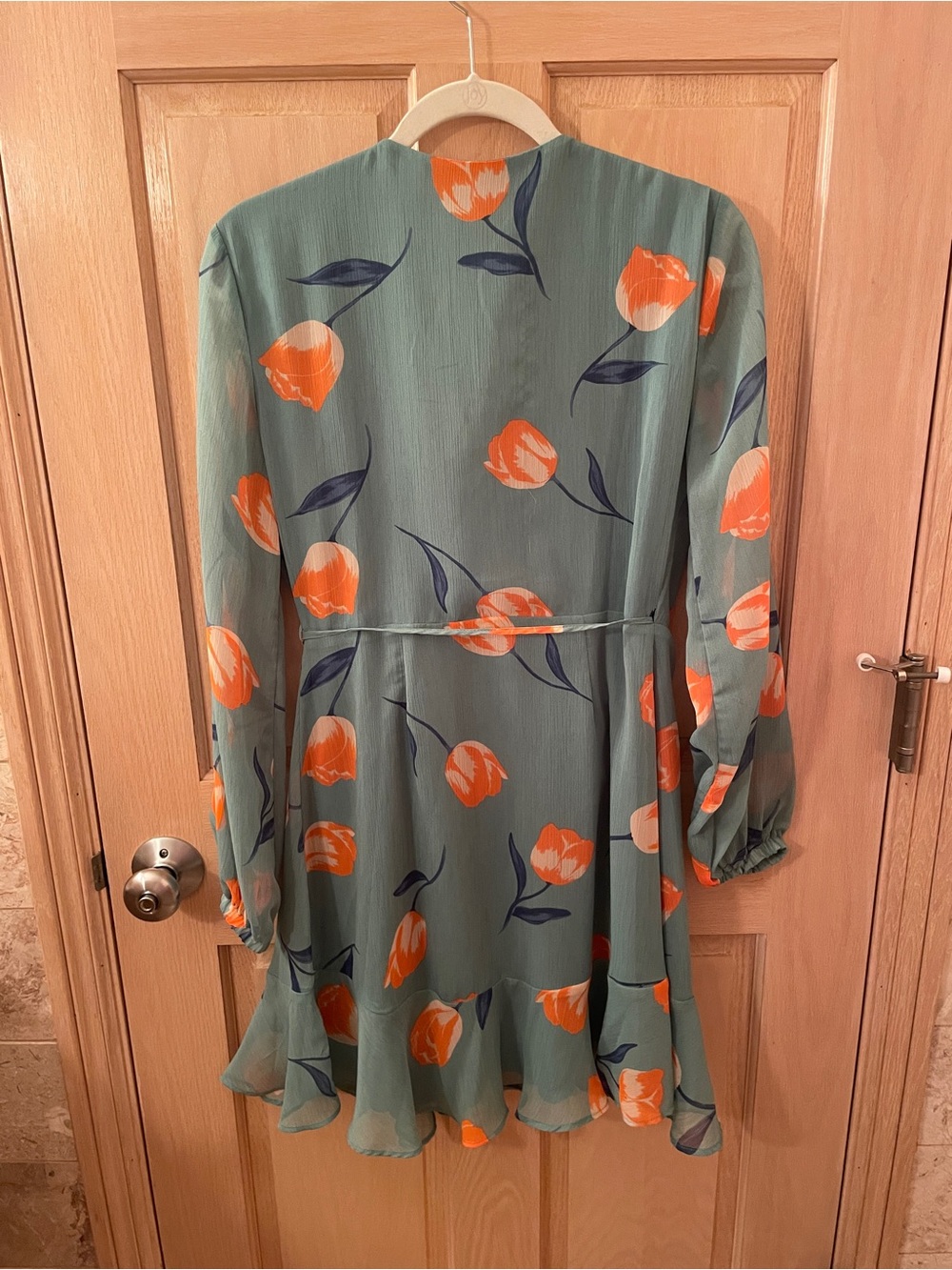 All in Favor Sage Green Wrap Dress with Orange Floral Print - Picture 6 of 10